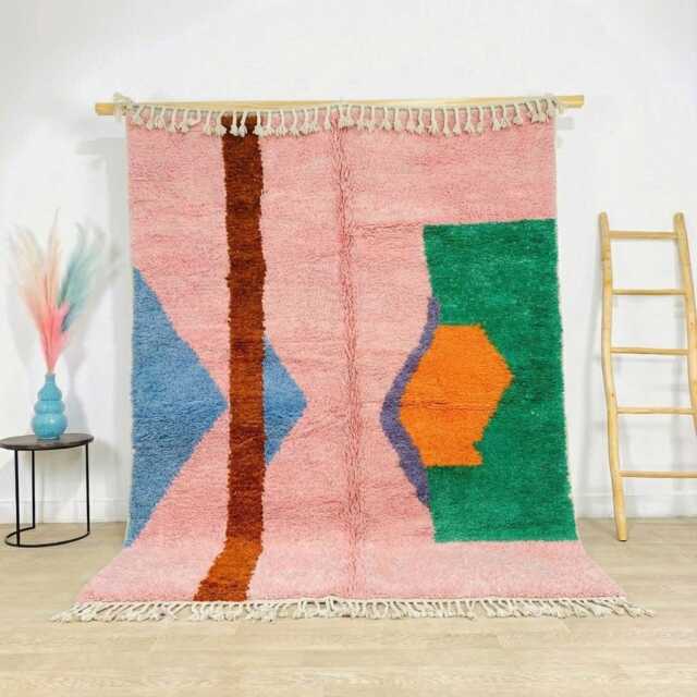 Pink Abstract Moroccan Rug, Yellow Shape Berber Shag Carpet, Handmade Wool Large Area Dopamine Decor Floor Art - image 1