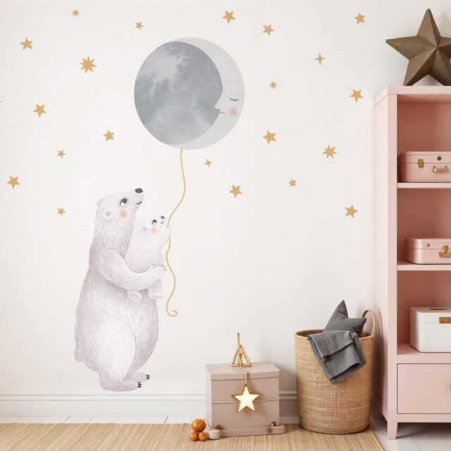 Nursery Polar Bear & Moon Wall Decal, Decor, Star Sticker, Kids Decals, Art, Peel Stick, Decals - image 1