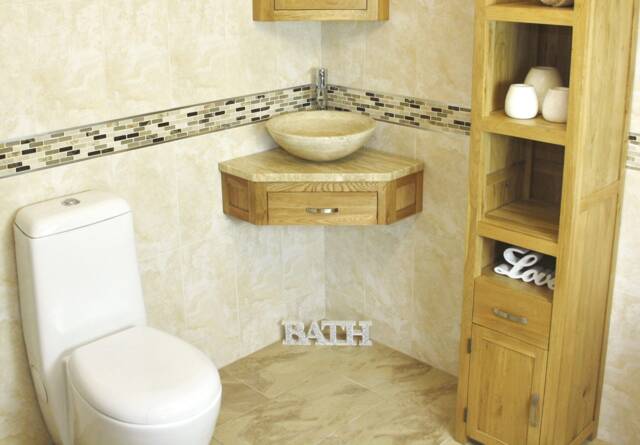 Bathroom Vanity Unit Oak Corner Wash Stand Travertine Top & Basin 501Wt025T - image 1