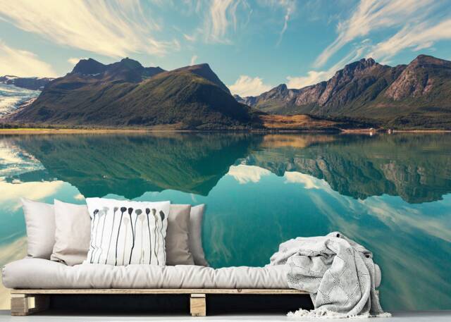 Crystal Summer Nature Scene Wall Mural, Lake & Mountain Wallpaper, Norwegian Fjords D??cor, Nursery Room Art - image 1