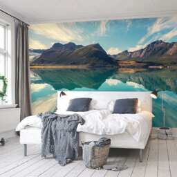 Crystal Summer Nature Scene Wall Mural, Lake & Mountain Wallpaper, Norwegian Fjords D??cor, Nursery Room Art - thumbnail 2