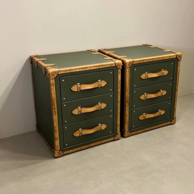 Handmade Olive Leather End Table Pair Luxury Hardwood Storage Chests Made in England - image 1
