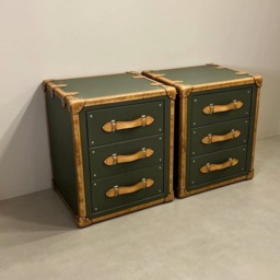 Handmade Olive Leather End Table Pair Luxury Hardwood Storage Chests Made in England - thumbnail 1