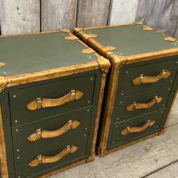 Handmade Olive Leather End Table Pair Luxury Hardwood Storage Chests Made in England - thumbnail 4