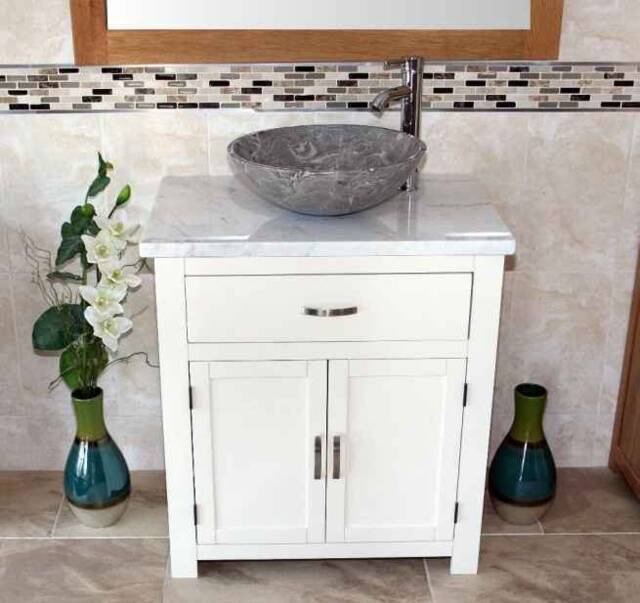 Bathroom Vanity White Painted Wash Stand Marble Top & Stone Basin 502Pwmsbc - image 1