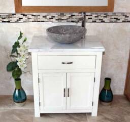 Bathroom Vanity White Painted Wash Stand Marble Top & Stone Basin 502Pwmsbc - thumbnail 1