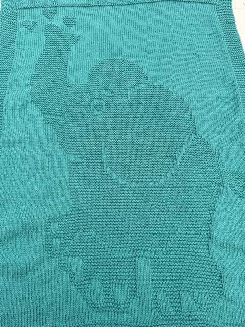 Hand Knitted Baby Blanket Teal Green Elephant Design - image 1