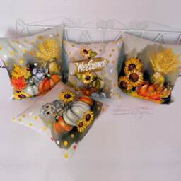 Hand Painted Pumpkin Pillow Cover Autumn Sunflower Decor - thumbnail 2