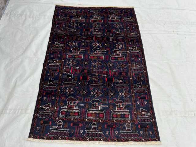 Handmade 4x6 Ft Afghan War Rug - Purple Blue With Tanks Helicopters Colorful Boho Wall Hanging Red Kalashnikov Decor - image 1