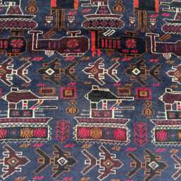 Handmade 4x6 Ft Afghan War Rug - Purple Blue With Tanks Helicopters Colorful Boho Wall Hanging Red Kalashnikov Decor - thumbnail 3