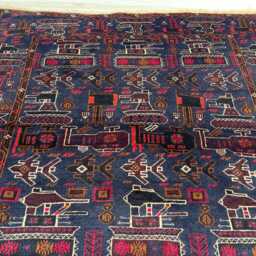 Handmade 4x6 Ft Afghan War Rug - Purple Blue With Tanks Helicopters Colorful Boho Wall Hanging Red Kalashnikov Decor - thumbnail 2