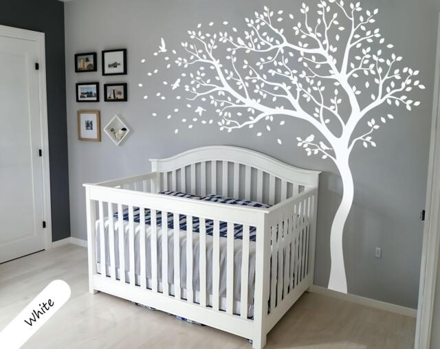 White Leaning Tree Wall Decal With Birds - Large Nursery Nature Mural Decor 098 - image 1
