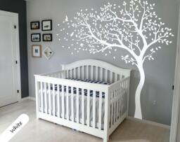 White Leaning Tree Wall Decal With Birds - Large Nursery Nature Mural Decor 098 - thumbnail 1
