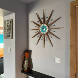 Teak Starburst Wall Clock Mid Century Modern, Turquoise Atomic Accent - thumbnail 4
