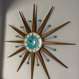 Teak Starburst Wall Clock Mid Century Modern, Turquoise Atomic Accent - thumbnail 3