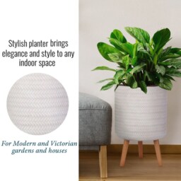 Concrete Tripod Planter With Wooden Legs, White Rattan Weave Indoor Plant Pot, Modern Cylinder Scandinavian - thumbnail 4