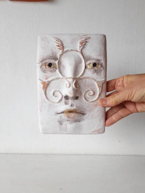 White Ceramic Mask Sculpture With Florentine Style Flourishes, Pottery Art Lover Gift, No.10 - image 1