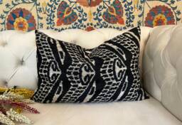 Handwoven Silk Velvet Ikat Pillow Cover, Black & White - thumbnail 1
