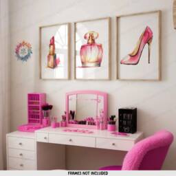 Teen Girls Bedroom Prints - Set Of 3 Posters - Pink Room Decor Make Up Station Wall Art Perfumes Artwork Girl Print A4 - thumbnail 1
