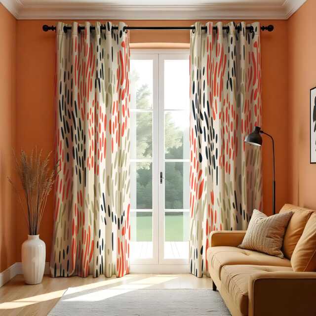 Modern Abstract Curtains, Beige, Orange & Black Minimalist Brushstroke Print Drapes, Contemporary Window Treatment, Custom Length Panels - image 1