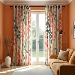 Modern Abstract Curtains, Beige, Orange & Black Minimalist Brushstroke Print Drapes, Contemporary Window Treatment, Custom Length Panels - thumbnail 1