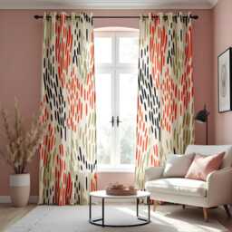 Modern Abstract Curtains, Beige, Orange & Black Minimalist Brushstroke Print Drapes, Contemporary Window Treatment, Custom Length Panels - thumbnail 2