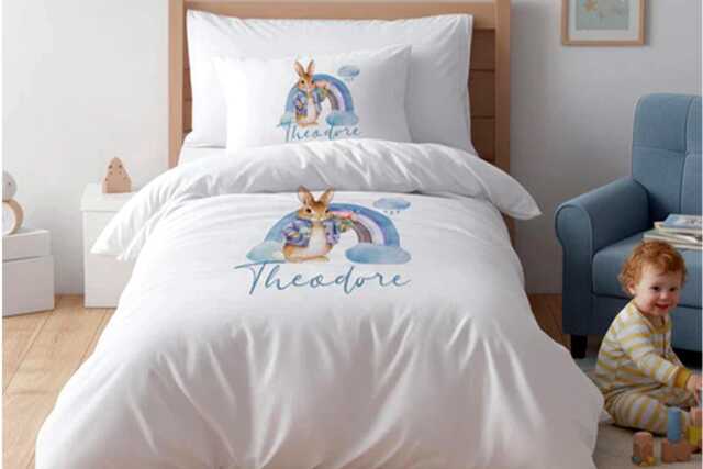 Personalised Kids Blue Rabbit Rainbow Print Duvet Soft Microfibre Bedding - image 1