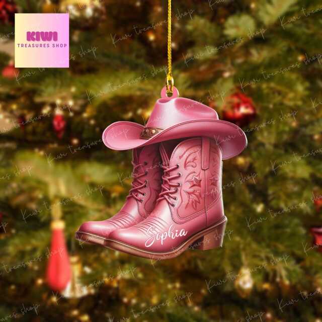 Personalized Pink Cowgirl Boots Ornament, Western Xmas Gift - image 1