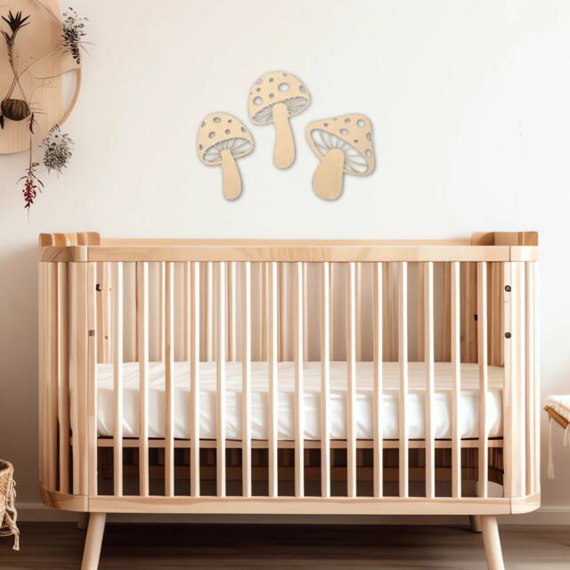 Wooden Mushrooms - Boho Nursery Mushroom Decor Scandi Bedroom Fairy Theme Woodland Wall Decal Girls - image 1