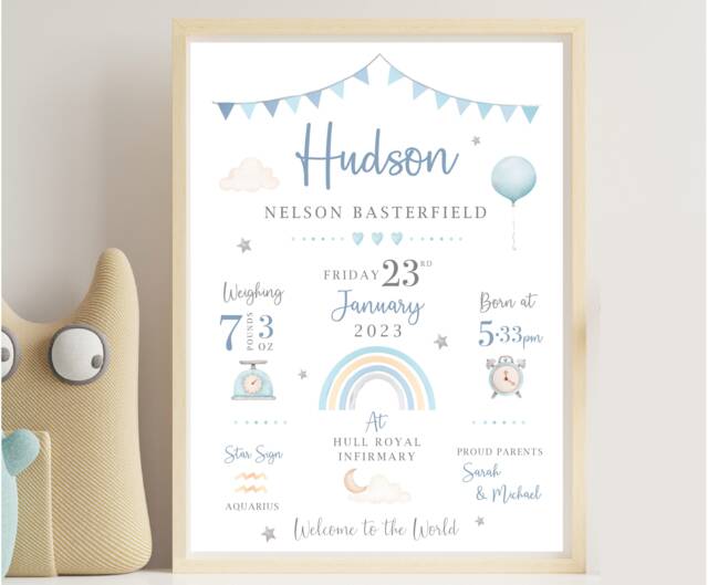 New Baby Personalised Print - Birth Details Gift Keepsake Boy Newborn - image 1