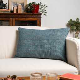 Rustic Basketweave Xl Rectangular Cushion Cover in Teal Blue. Textured Woven Design With Contrast Threads. 23X15