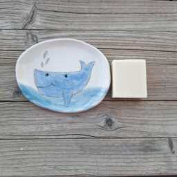 Illustrated Ceramic Soap Dish With Whale, Cute Blue Bathroom Decor, Whale Holder - thumbnail 1