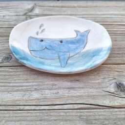 Illustrated Ceramic Soap Dish With Whale, Cute Blue Bathroom Decor, Whale Holder - thumbnail 3