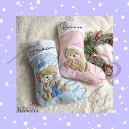 Personalised Teddy Bear Christmas Stocking. Baby's First Baby Pink Blue Xmas Stocking For Kids