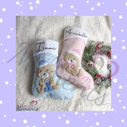 Personalised Teddy Bear Christmas Stocking. Baby's First Baby Pink Blue Xmas Stocking For Kids - thumbnail 2