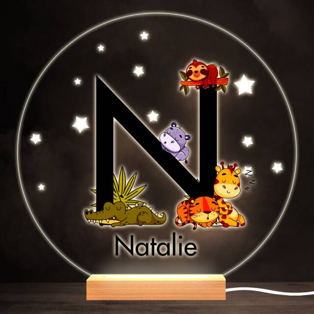 Sleeping Baby Safari Animals Letter N Round Personalised Gift Lamp Night Light - Bedroom - image 1