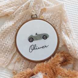 Personalized Vintage Race Car Embroidery Hoop - Handmade Nursery Decor - thumbnail 1