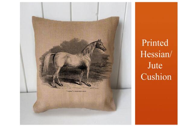 Horse Illustration Vintage - Cushion Fabric Panel Or Case Or With Filling Rustic Natural Jute Burlap Hessian