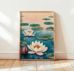Water Lily Poster, Lotus Pond Print, Botanical Wall Art - thumbnail 1