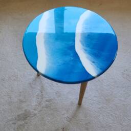 Round Wooden Epoxy Resin Ocean Wave Blue Beach Side Coffee Table - thumbnail 4