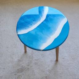 Round Wooden Epoxy Resin Ocean Wave Blue Beach Side Coffee Table - thumbnail 2