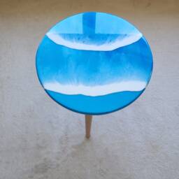 Round Wooden Epoxy Resin Ocean Wave Blue Beach Side Coffee Table - thumbnail 3