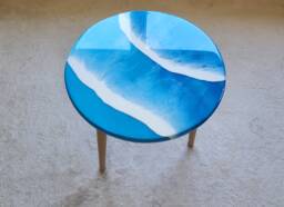 Round Wooden Epoxy Resin Ocean Wave Blue Beach Side Coffee Table