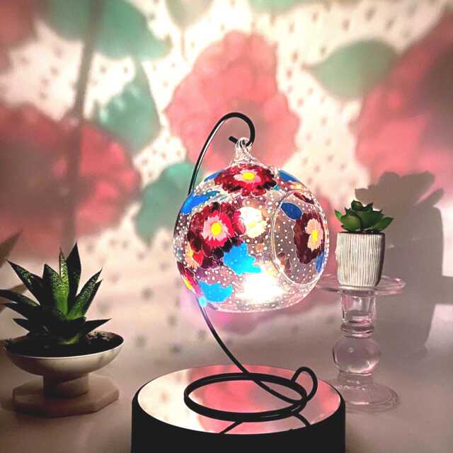 Hand Painted Floral Glass Tealight Holder Burgundy Flower Shelf Decor - image 1
