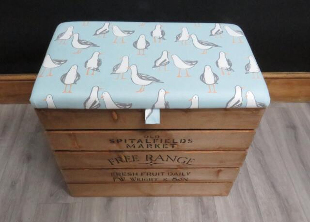 Large Rustic Wooden Storage Crate - Upholstered Fabric Lid Seat - image 1