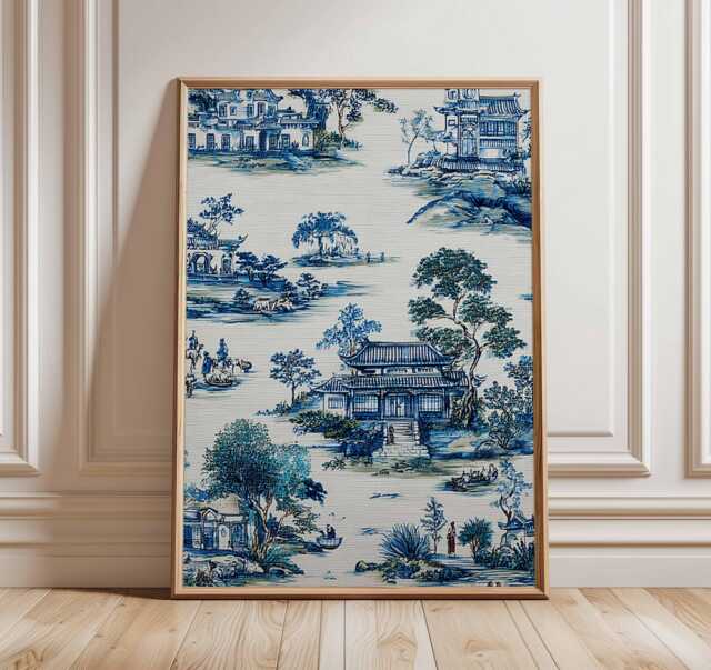 Vintage Toile Poster, Blue & White Wall Art, Asian Landscape Print, Traditional Chinese Pavilion Scene, Antique Style Home Decor - image 1