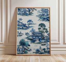 Vintage Toile Poster, Blue & White Wall Art, Asian Landscape Print, Traditional Chinese Pavilion Scene, Antique Style Home Decor - thumbnail 1