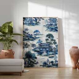 Vintage Toile Poster, Blue & White Wall Art, Asian Landscape Print, Traditional Chinese Pavilion Scene, Antique Style Home Decor - thumbnail 2