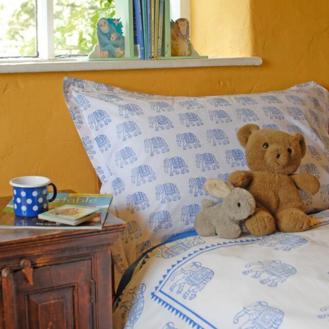 Blue Elephant Duvet Cover Hand Block Printed On Organic Cotton
