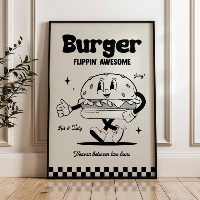 Retro Cartoon Burger Print, Charming Style Gift For Foodie, Lover Food Kitchen Wall Art 2716 - image 1